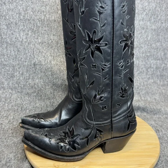 Liberty Boot Co Black Leather Cowboy Boots Sz 7B Tall Floral Cutout Western - Picture 3 of 15